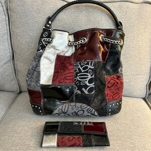 Y2K Vintage Bebe Patchwork Burgundy Hobo Tote Bag & Wallet